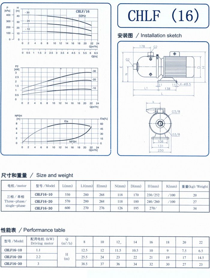 CHLF輕型立式不銹鋼多級(jí)離心泵安裝圖、尺寸、性能